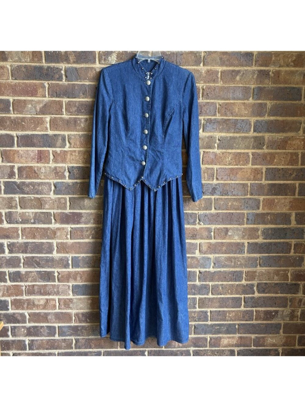 Stonebridge Studded Denim Long Sleeve Pleated Maxi Dress Sz 10 READ DESCRIPTION